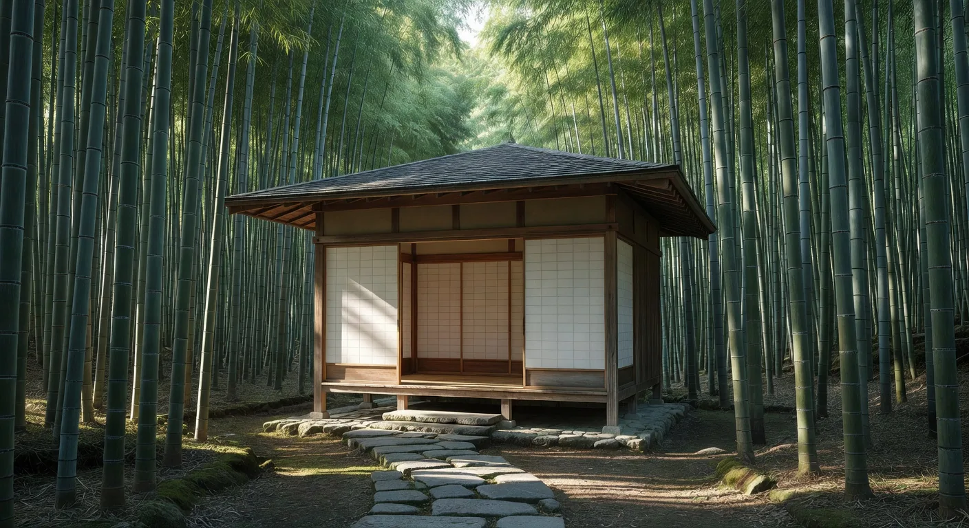 Traditional Japanese tea house amid autumn foliage