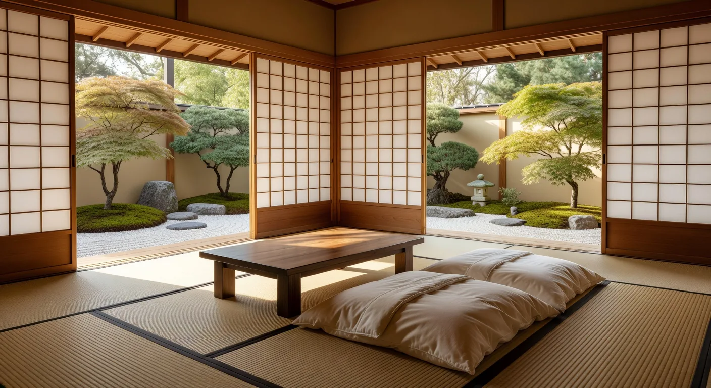 Traditional Japanese ryokan interior with tatami and shoji screens