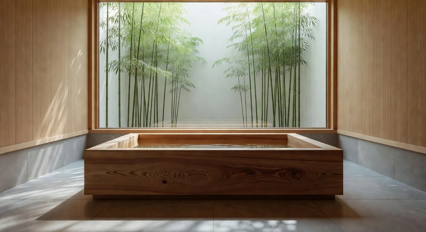 Hinoki wood bathroom — Japanese design philosophy embodied in material and light